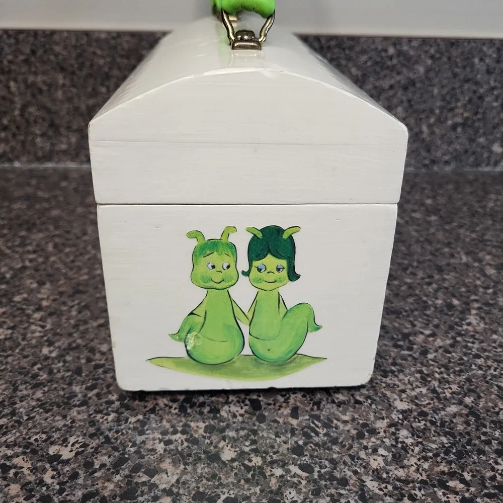 VINTAGE Hand Painted Wooden Purse Box Whimsical Caterpillar Apple Folk Art